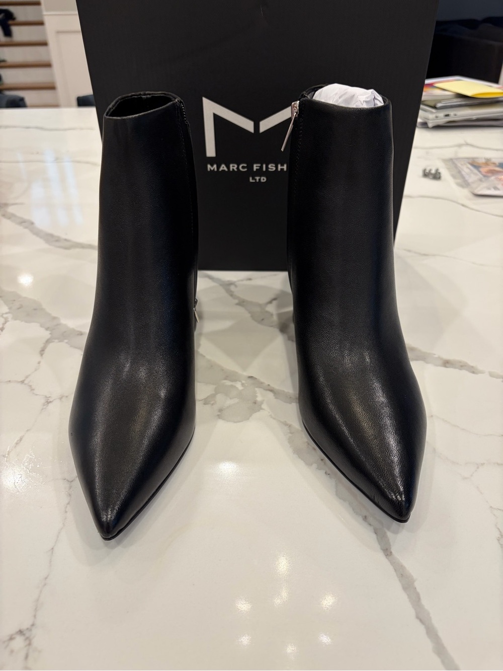 Marc Fisher Black Pointed-Toe Leather Ankle Booties